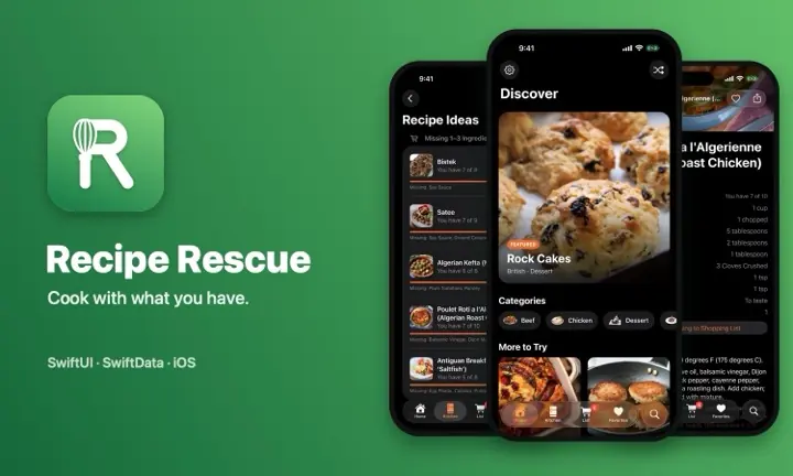 Recipe Rescue app icon next to three iPhone screenshots: Recipe Ideas, Discover and a recipe detail