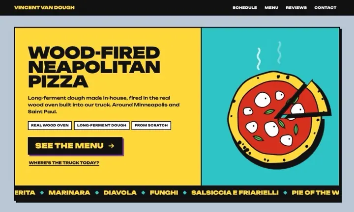 Vincent Van Dough homepage: bold black Wood-Fired Neapolitan Pizza headline on yellow beside a hand-drawn pizza on teal, with a scrolling list of pizzas